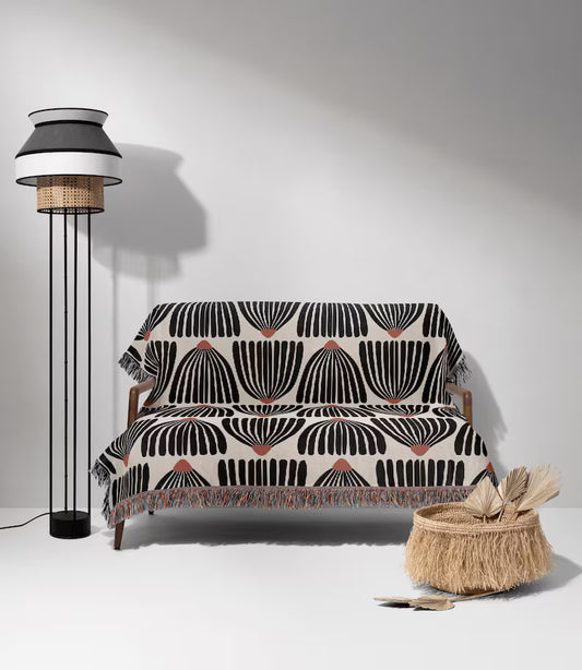 Mid Century Modern Black Flower Pattern Woven Cotton Throw Blankets